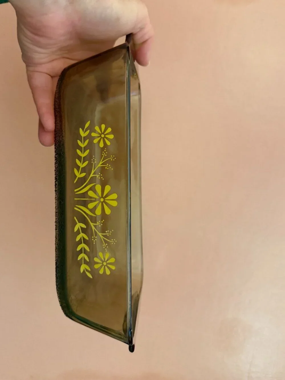 Vintage Corning Ware Smoked Brown Glass Loaf Pan Gold Floral Retro Bakeware